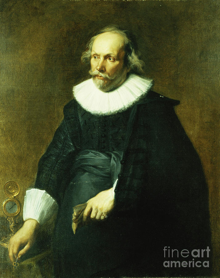 Portrait Of A Gentleman, Three-quarter Length, Wearing A Black Costume With White Collar And Cuffs, By A Table With A Watch Painting by Anthony Van Dyck