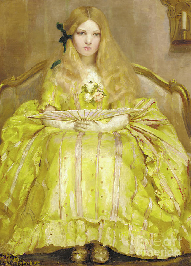 Portrait of a girl in a yellow dress, holding a fan, in an interior, 1903 Painting by Margaret Fletcher