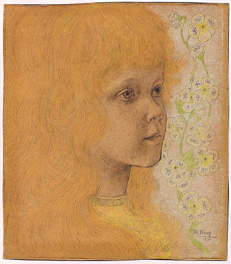 Impressionism Pastel - Portrait of a girl with blond hair by Jan Toorop