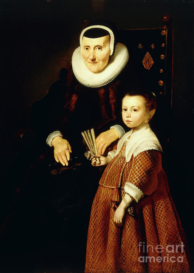 Portrait Of A Lady, Aged 80 With A Girl, Aged 6, Three Quarter-length, C.1632-33 Painting by Jacob Adriensz Backer