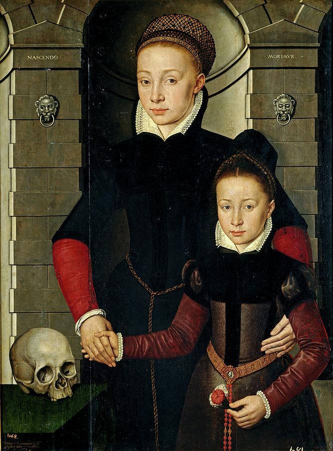 Portrait of a Lady and a Young Girl, 1567, Flemish School, Oil on pan... Painting by Adriaen van Cronenburg -c 1525-1604-