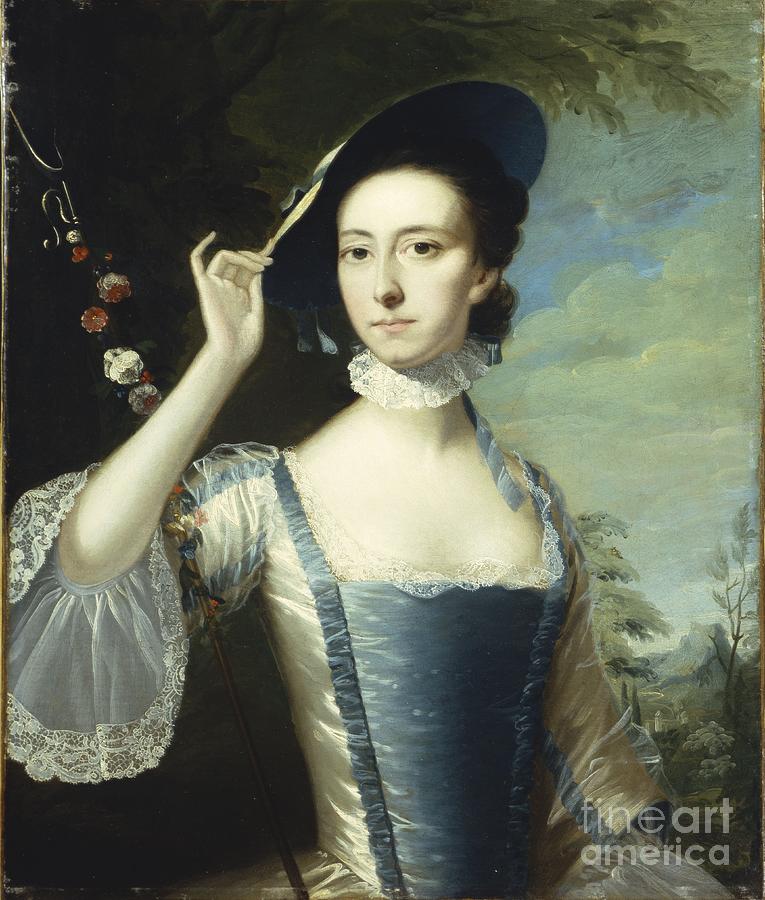 Portrait Of A Lady By A Garland Of Flowers, In A Landscape Painting by Joseph Wright Of Derby