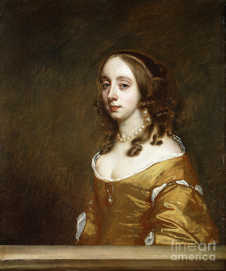 Portrait Of A Lady Of The Popham Family, Half-length, Behind A Casement, Wearing An Orange Dress Painting by Peter Lely