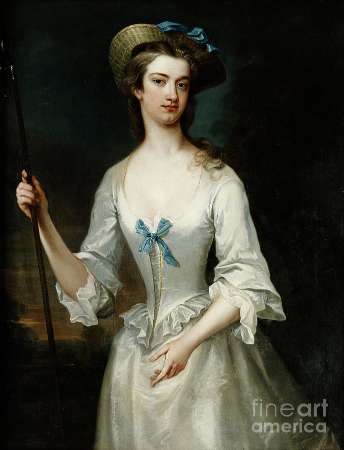 Portrait Of A Lady, Possibly The Duchess Of Ancaster, Three-quarter Length, As A Shepherdess, In A White Satin Dress And Bonnet, In A Landscape Painting by Charles Jervas