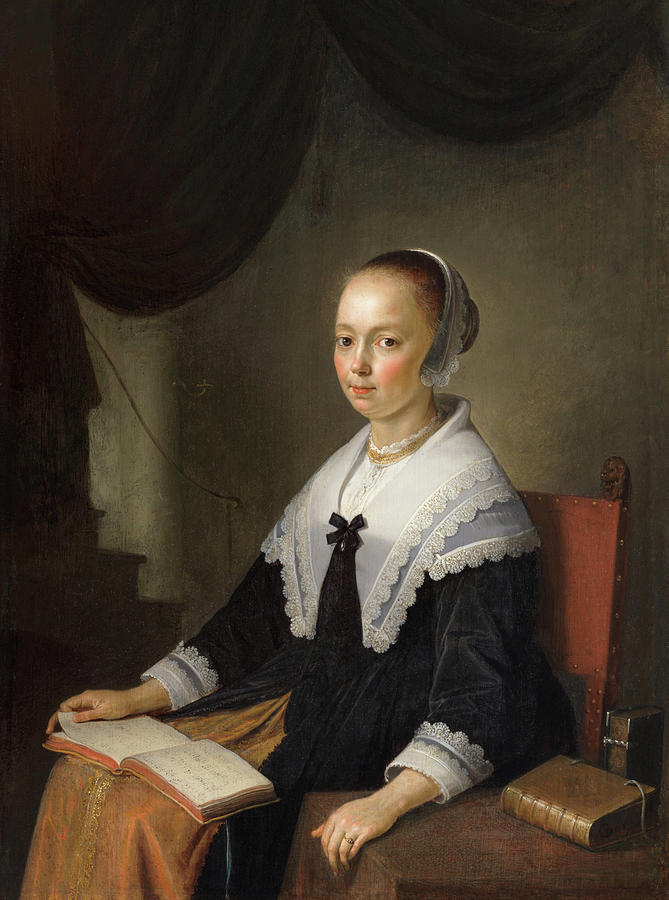 Music Painting - Portrait of a Lady, Seated with a Music Book on Her Lap by Gerrit Dou