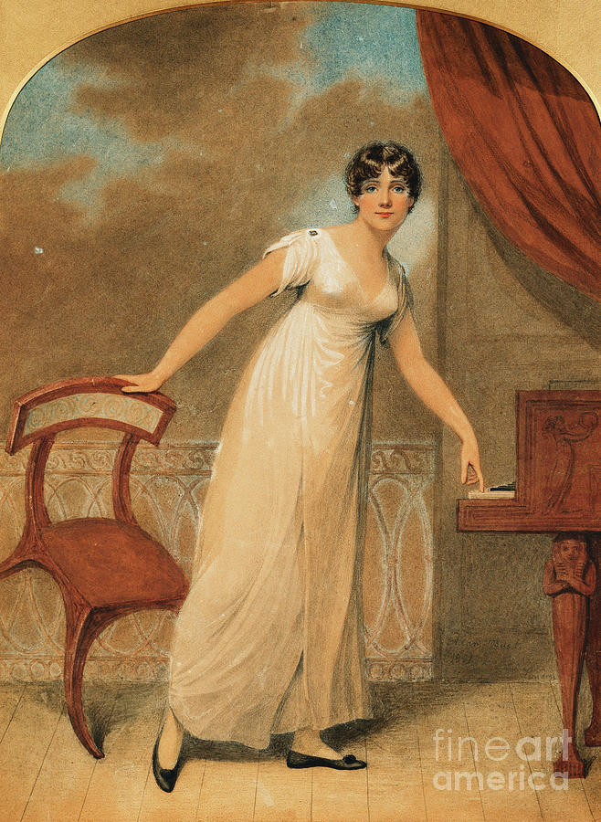 Music Painting - Portrait Of A Lady, Standing Full Length In A White Dress By A Piano, 1801 by Adam Buck