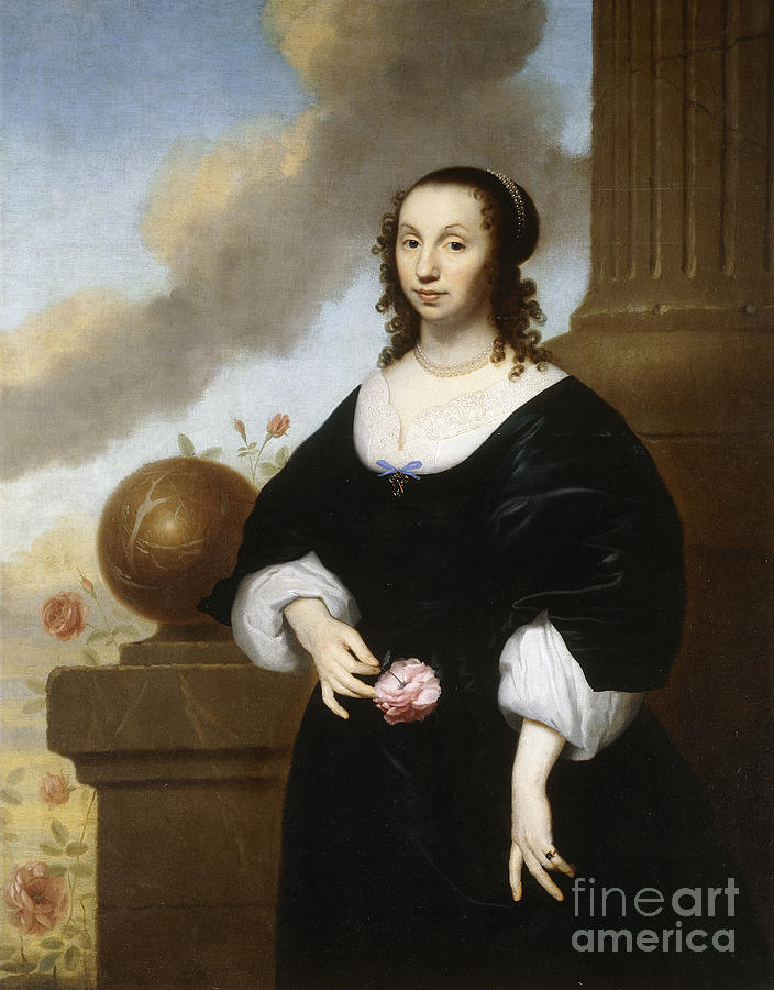 Portrait Of A Lady, Standing Three-quarter Length, Wearing A Black Satin Dress With White Lace Trim Painting by Isaac Luttichuys