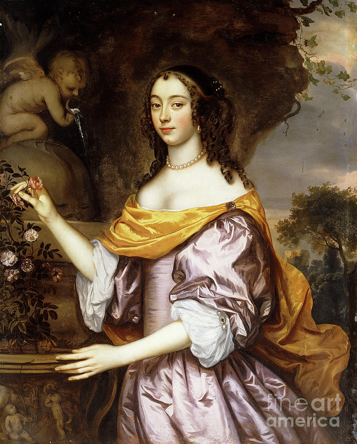 Portrait Of A Lady, Standing Three-quarter Length, Wearing A Lavender Silk Dress And A Yellow Shawl Painting by Jan Mytens