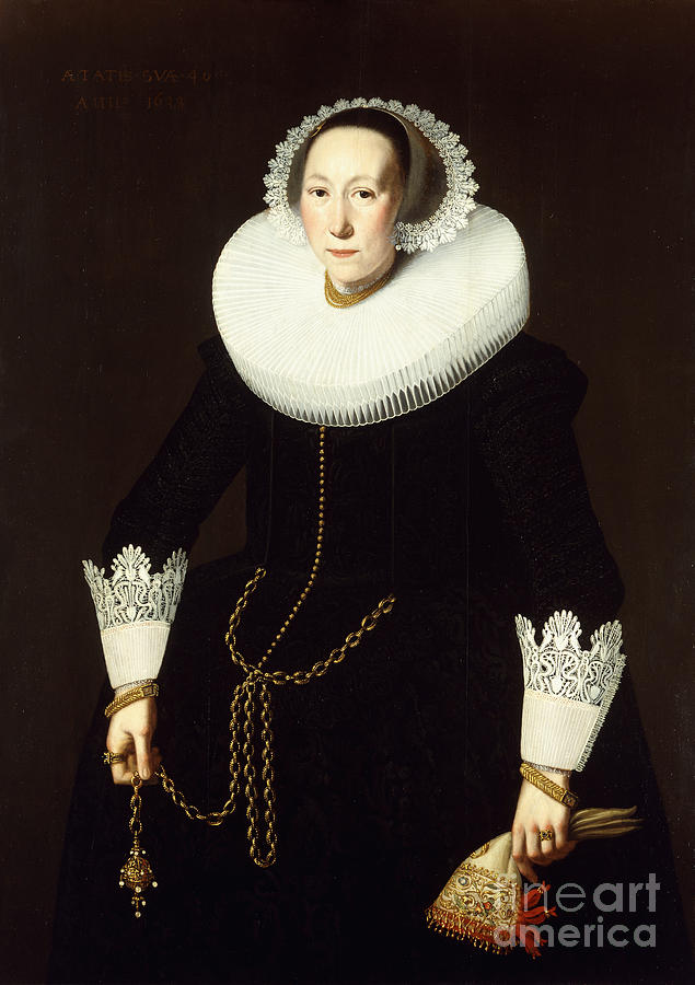 Portrait Of A Lady, Standing Three Quarter Length, Wearing An Elaborate Black Costume, A White Ruff, And Lace Cuffs, Holding A Gold Chain And A Pair Of Gloves, 1633 Painting by Nicolaes Eliasz