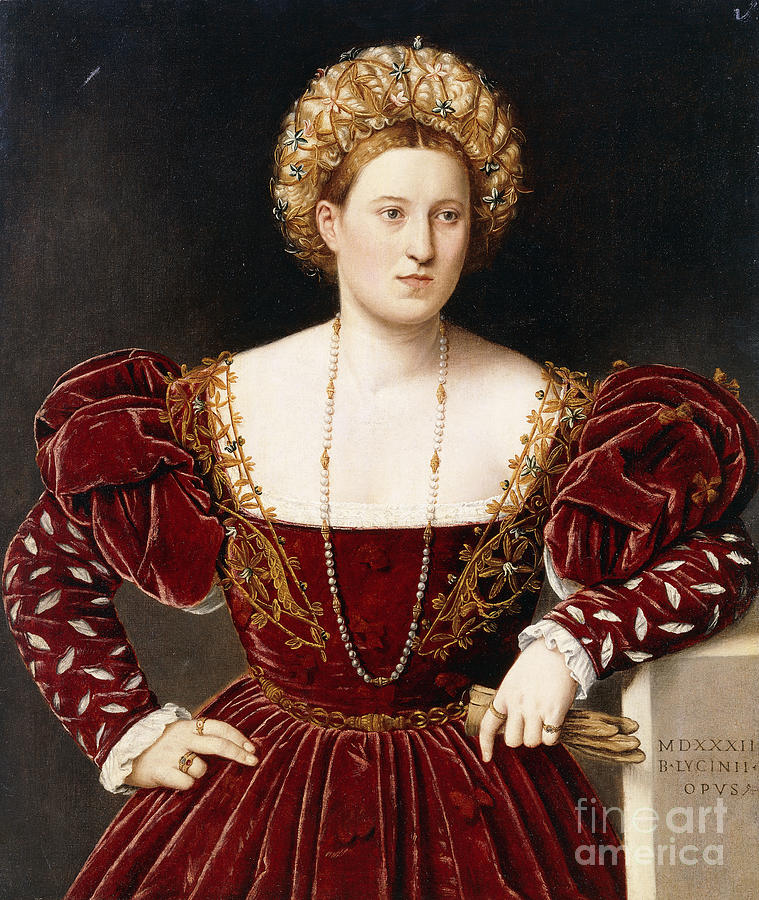 Portrait Painting - Portrait Of A Lady, Three-quarter-length, In A Burgundy Dress With Slashed Sleeves, Holding Gloves by Bernardino Licinio