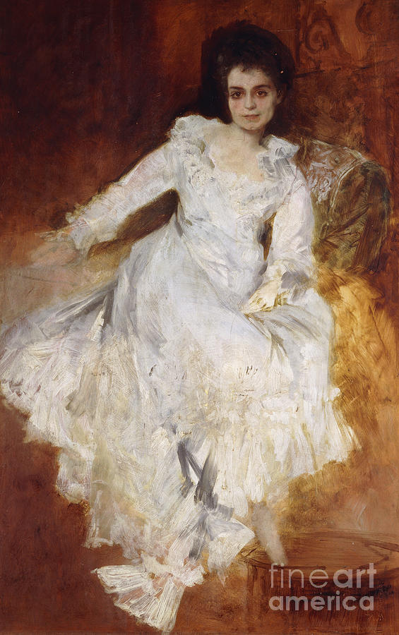 Portrait Of A Lady Wearing A White Dress Reclining On A Sofa Painting by Hans Makart