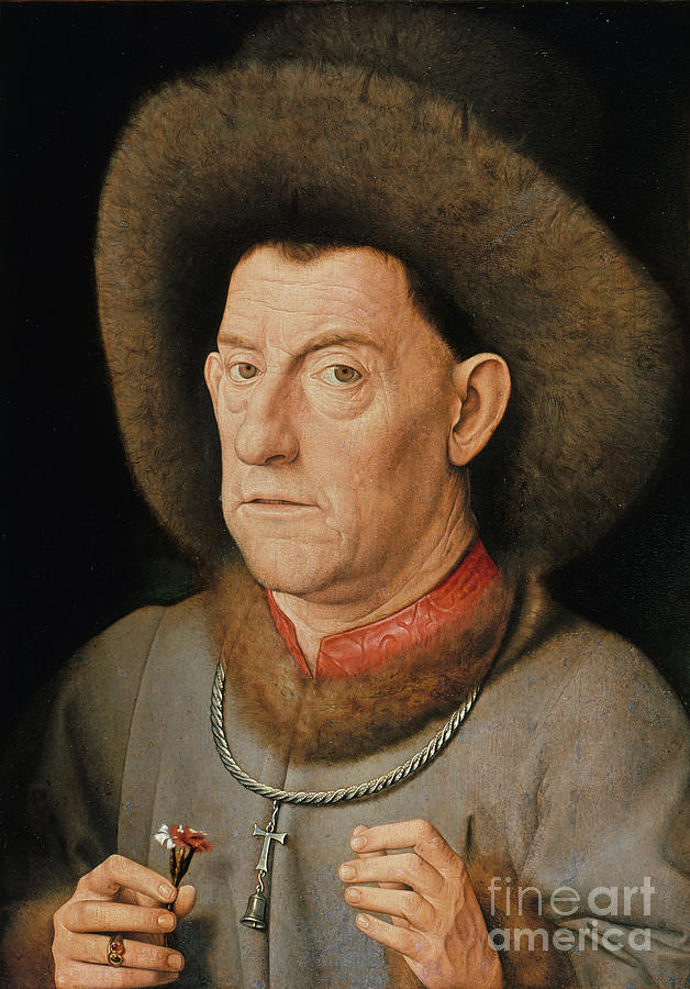 Portrait Of A Man With Carnation And The Order Of Saint Anthony Painting by Jan Van Eyck