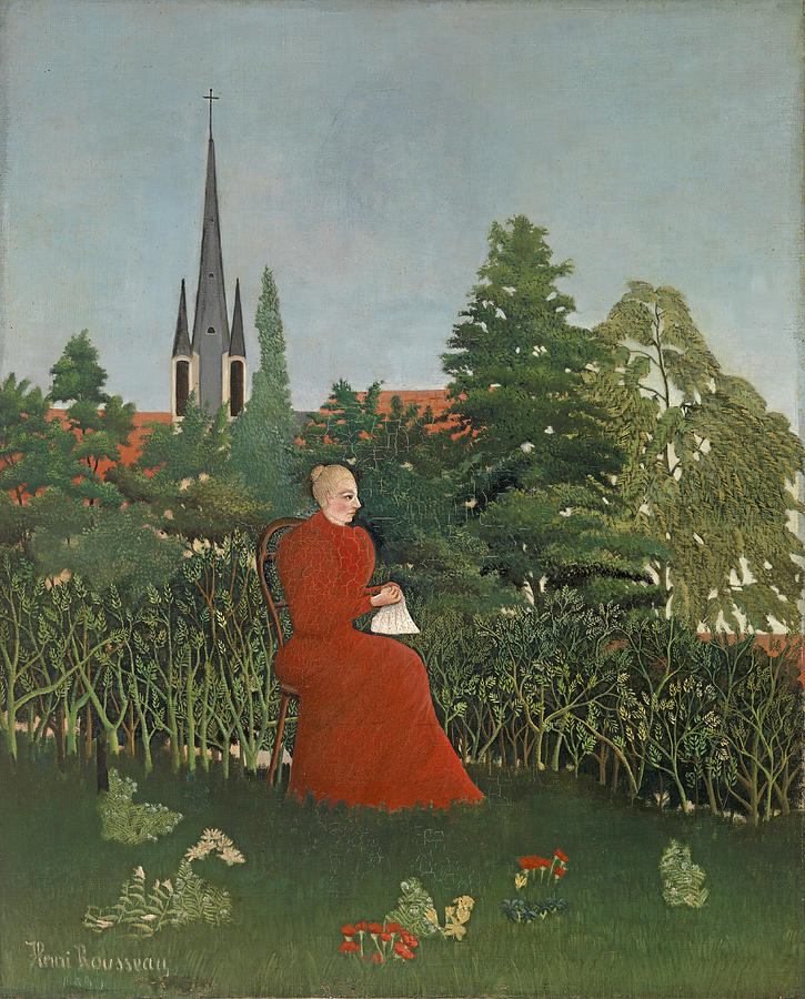 Portrait of a Woman in a Landscape Painting by Henri Rousseau