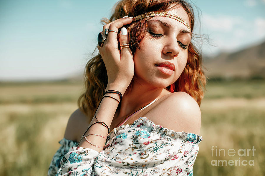 Nature Photograph - Portrait Of A Young Hippie Girl On A Wheat Field by Azat Jandurdyyev