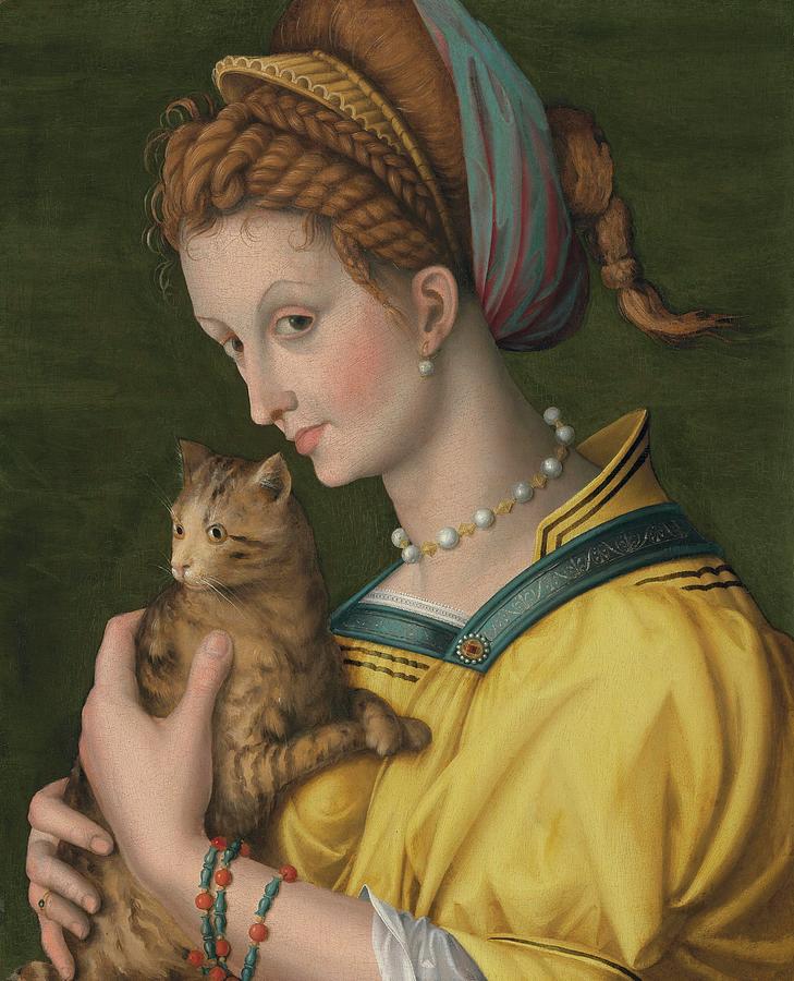 Cat Painting - Portrait Of A Young Lady Holding A Cat by Bacchiacca