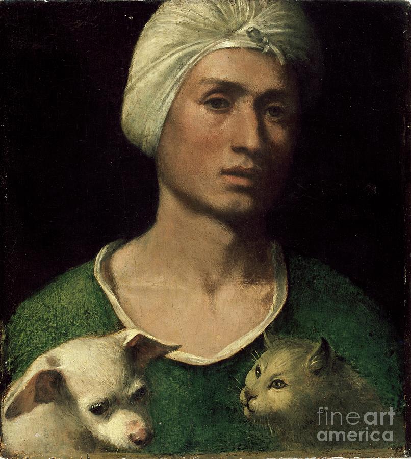 Portrait Of A Young Man Holding A Dog Drawing by Heritage Images