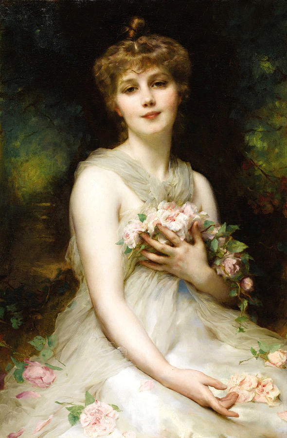 Portrait of a Young Woman with Roses Painting by Etienne Adolphe Piot ...