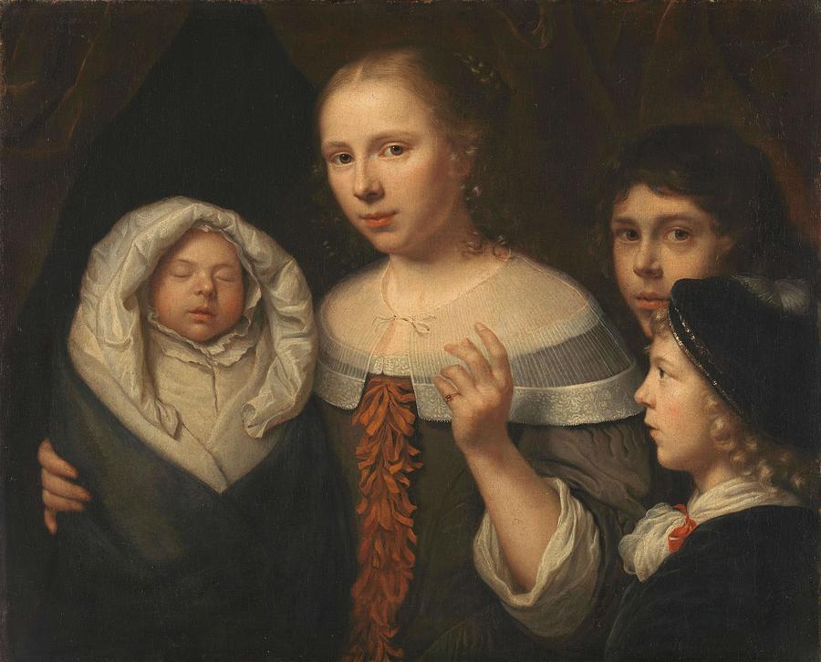 Portrait of a young woman with three children. Painting by Wallerant Vaillant -attributed to-