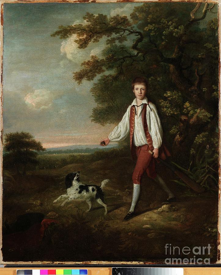 Portrait Of A Youth Holding A Cricket Bat And Ball With His Pet Black And White Springer Spaniel In A Clearing By A Wooded Landscape Painting by Hugh Barron