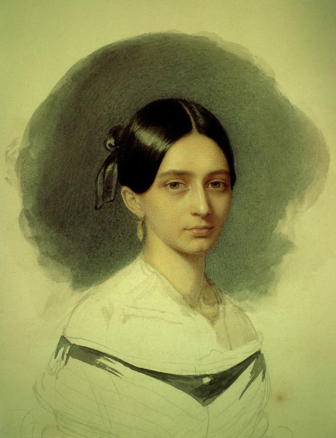 Portrait of Clara Wiek -1819-1896-, pianist wife of Schuman. Watercolour. Painting by Album