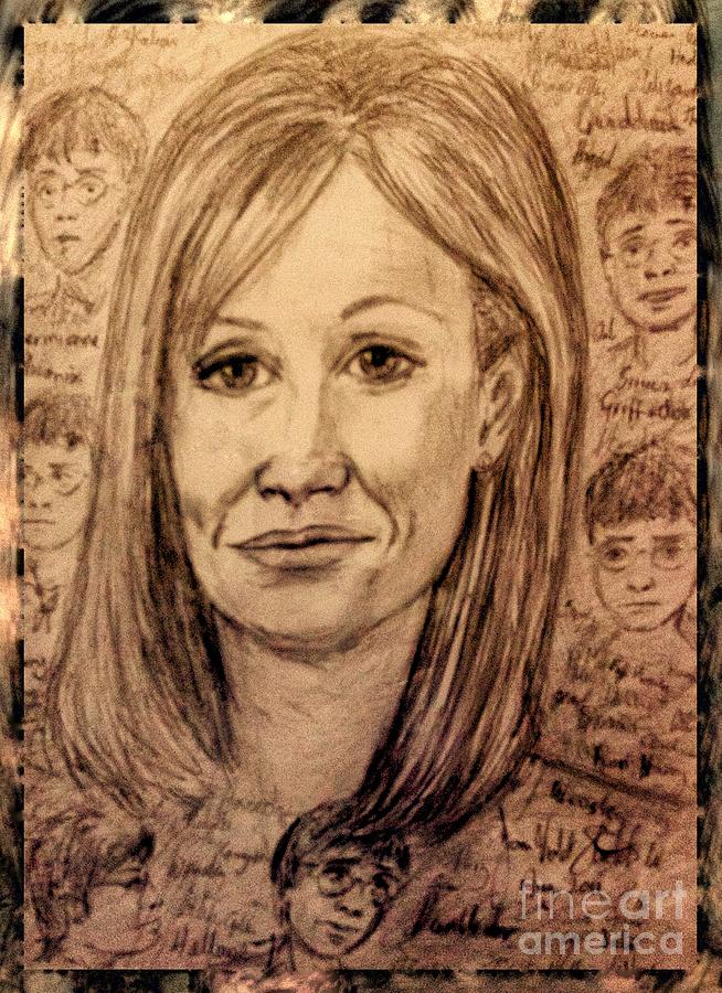 Portrait of J K Rowling in Sepia Drawing by Joan-Violet Stretch