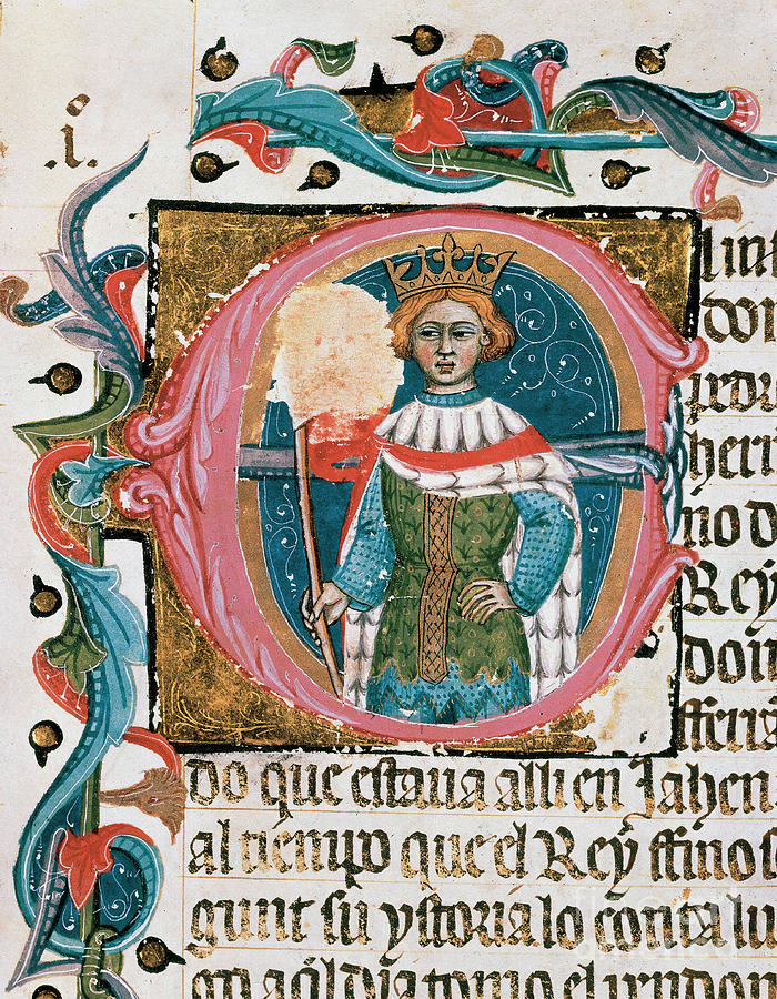 Portrait Of King In A Letterbox. Miniature From The Manuscript Chronicle Of Conquerors Painting by Spanish School