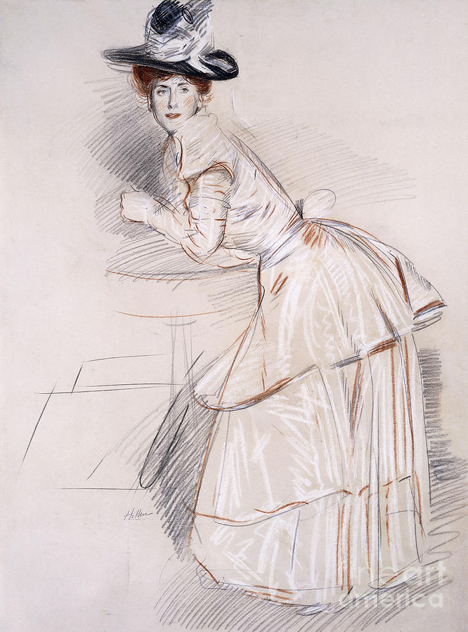 Portrait Of Madame Helleu Leaning On A Table, Black, Red And White Chalks On Paper Painting by Paul Cesar Helleu