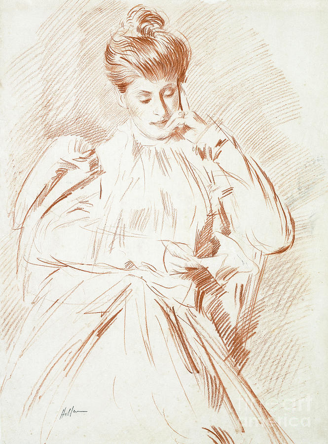 Portrait Of Madame Helleu, Reading, Red Chalk On Paper Painting by Paul Cesar Helleu