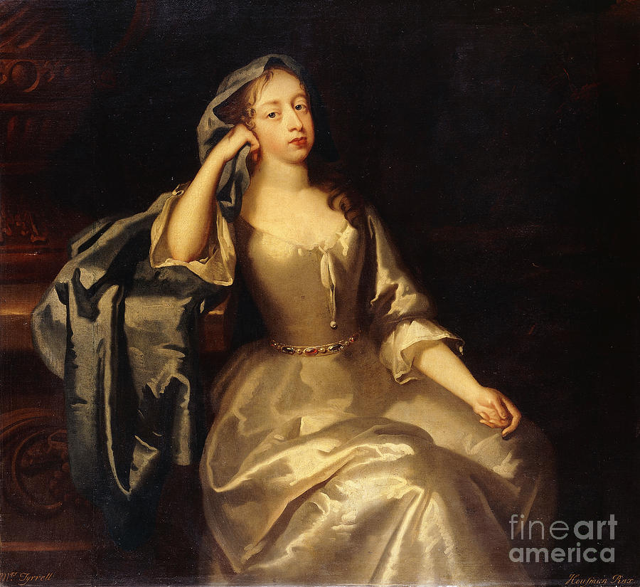Portrait Of Mrs. Tyrell, Three-quarter-length, In A White Satin Dress And Blue Shawl, Her Right Arm Resting On A Plinth, A Landscape Beyond Painting by Jacob Huysmans