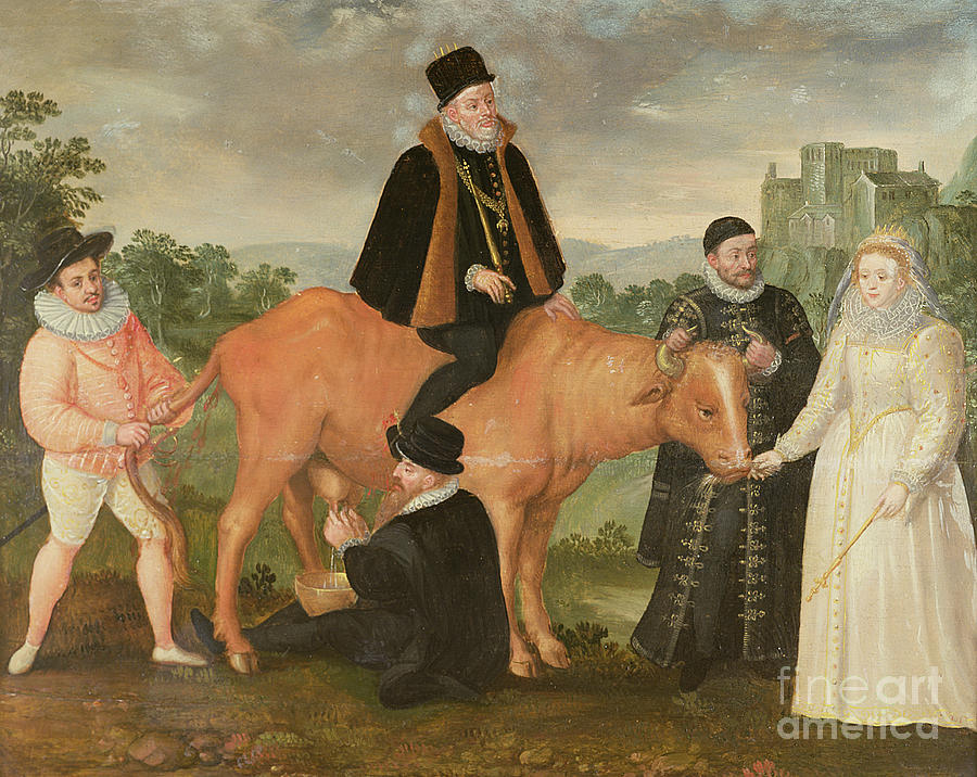 Portrait Of Philip II Mounted On A Cow, The Duke Of Alencon, The Duke Of Alba, William Of Orange And Queen Elizabeth I Painting by Philip Moro
