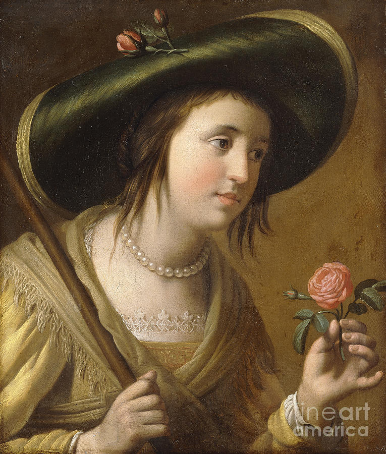 Portrait Of Princess Elizabeth II Van De Palts As A Shepherdess, Bust Length, Holding A Rose Painting by Gerrit Van Honthorst