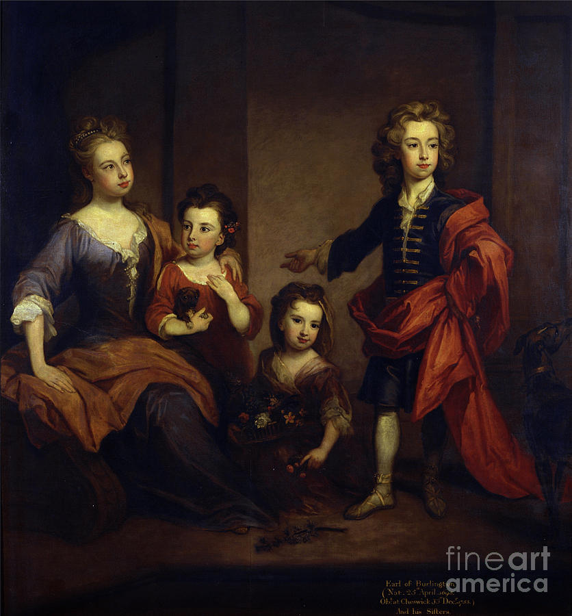 Flower Painting - Portrait Of Richard Boyle, 3rd Earl Of Burlington, With His Three Sisters, Elizabeth, Juliana And Jane Boyle, C.1700 by Godfrey Kneller