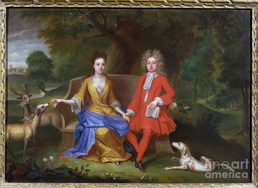 Animal Painting - Portrait Of Sir Charles Shuckburgh And His Wife, Diana, With Shuckburgh Hall, Warwickshire In The Background, C.1690 by Adriaen Van Diest