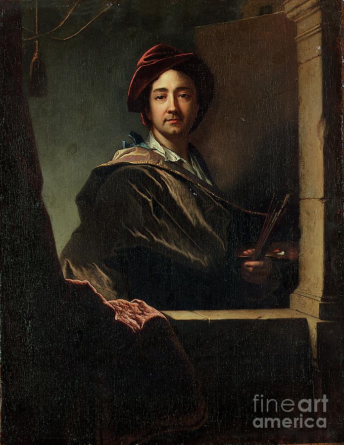 Brush Painting - Portrait Of The Artist, Half Length, At A Casement, 1712 by Hyacinthe Rigaud