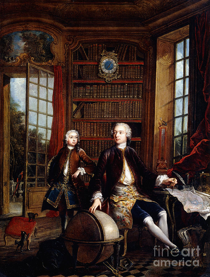 Portrait Of The Artists Son With His Teacher, Said To Be The Artist Jean Baptiste De Courtonne The Younger, In A Library Painting by Jacques De Lajoue