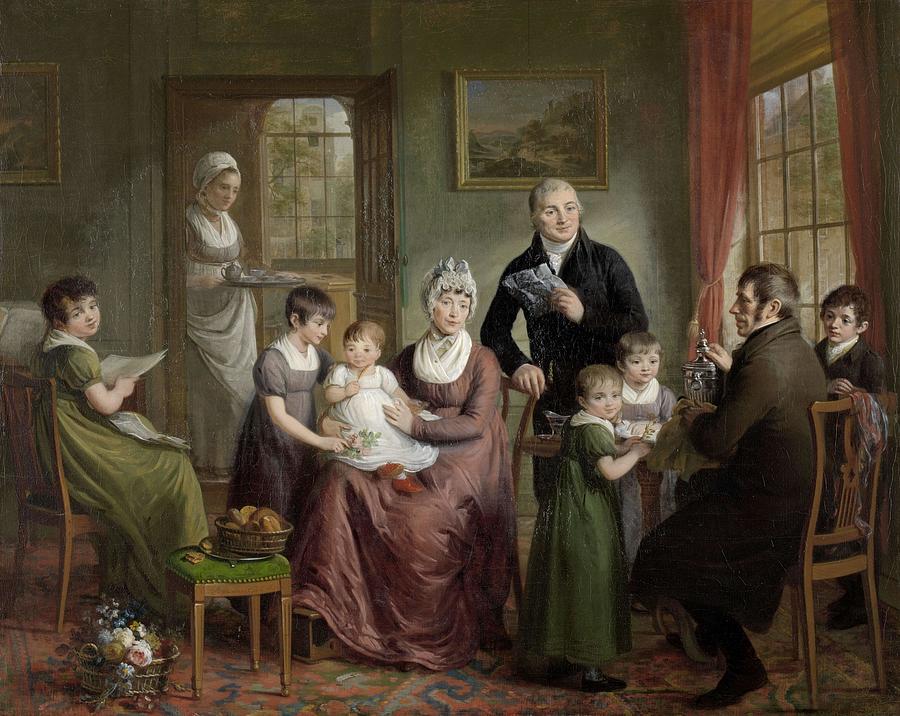 Portrait of the Family of Adriaan Bonebakker with Dirk L. Bennewitz. Portret van de familie van A... Painting by Adriaan de Lelie -1755-1850-