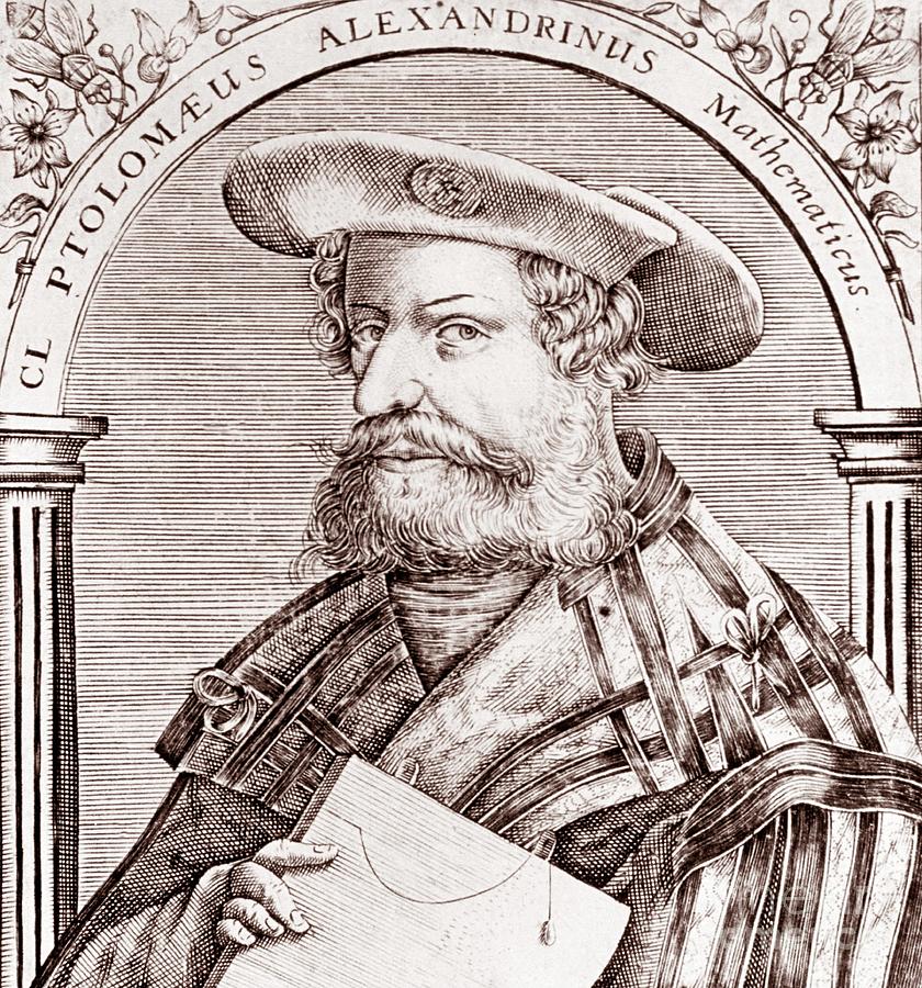 Woodcut portrait of Claudius Ptolemy (90-168AD) & Astronomia the