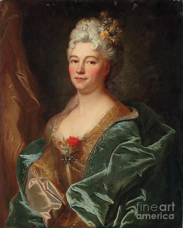 Flower Painting - Portrait Of The Marquise De La Mesangere, Nee Marguerite De Rambouillet by Hyacinthe Francois Rigaud