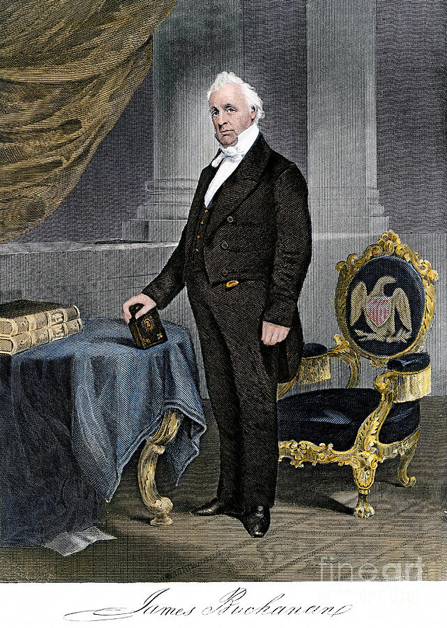 Portrait Of Us President James Buchanan (1791-1868), At The White House, With His Autograph Lithograph 19th Century After A Painting By Alonzo Chappel (1828-1887) Drawing by American School