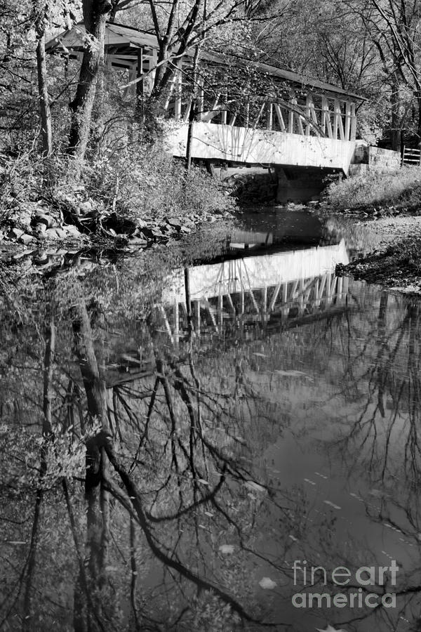 Portrait Reflections Of The Dr. Knisley Covered Bridge Black And White Photograph by Adam Jewell