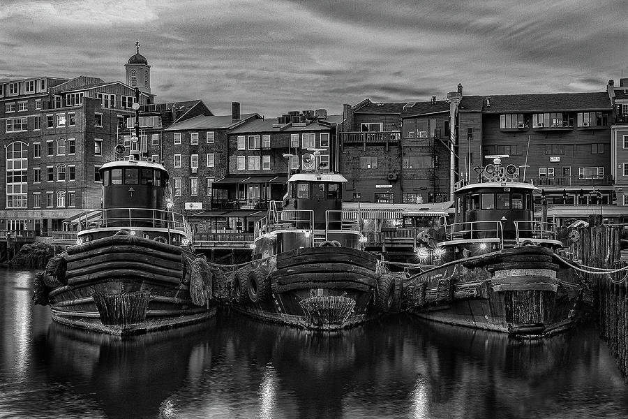 Portsmouth Tugboats at Dawn in Black and White Photograph by Thomas Lavoie