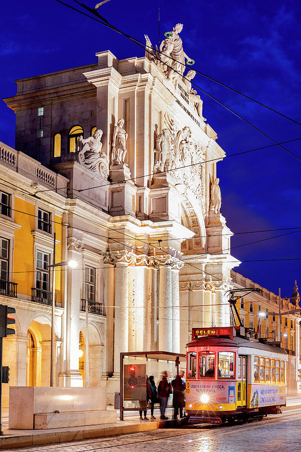 Portugal, Distrito De Lisboa, Lisbon, Baixa, Praa Do Comercio, Old Tram Near The Triumphal Arch Digital Art by Luigi Vaccarella