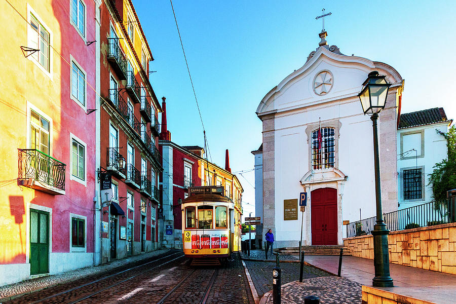 Portugal, Distrito De Lisboa, Lisbon, Tagus, Tejo, Alfama, Alfama Old Town, Tram No 28 At Miradouro De Santa Luzia Digital Art by Luigi Vaccarella