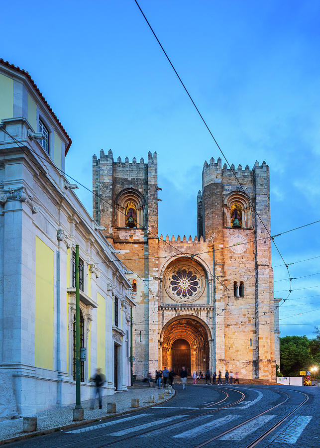 Portugal, Distrito De Lisboa, Lisbon, Tagus, Tejo, Alfama, Se Cathedral, Alama Old Town, Se Cathedral Illuminated At Night Digital Art by Luigi Vaccarella