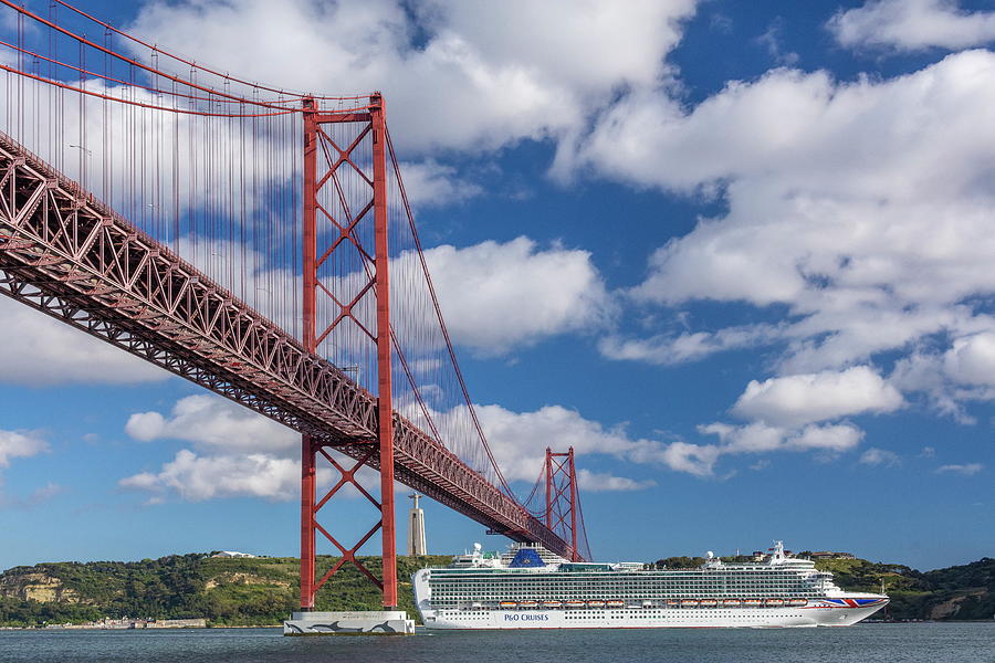 Portugal, Distrito De Lisboa, Lisbon, Tagus, Tejo, April 25th Bridge, Cruise Ship With A View To The Statue Of Cristo Rei Digital Art by Chris Seba