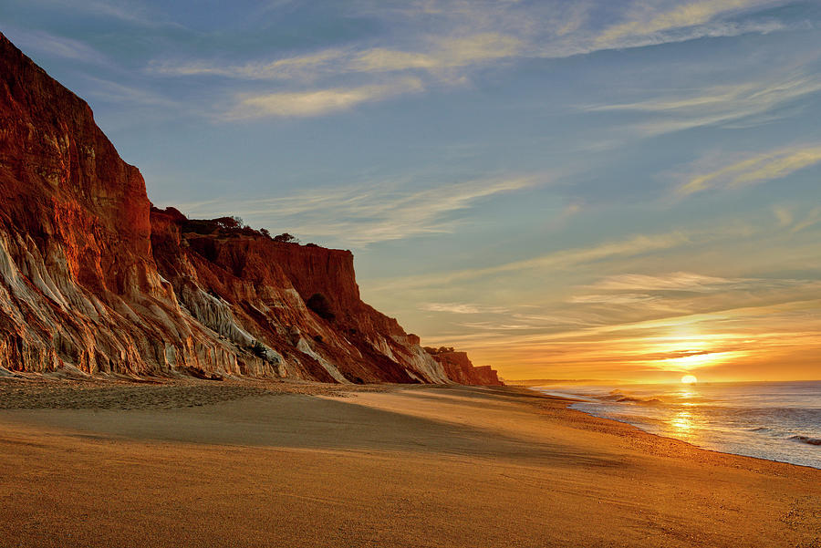 Portugal, Faro, Albufeira, Algarve, Praia Da Falesia Cliffs And Beach At Dawn, With Vilamoura In The Distance Digital Art by Michael Howard
