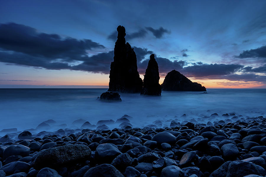 Portugal, Madeira, Madeira Island, Porto Moniz, Atlantic Ocean, Rock Formation Three Sisters Near Ribeira Da Janela Digital Art by Roland Gerth
