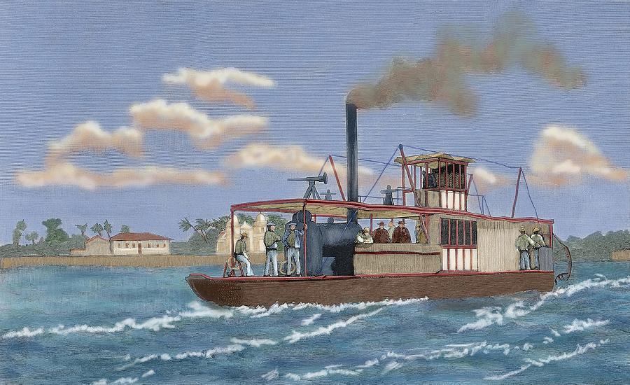 Portuguese gunboat commanded by Major Serpa Pinto, at the mouth of the Zambezi River. Drawing by Album