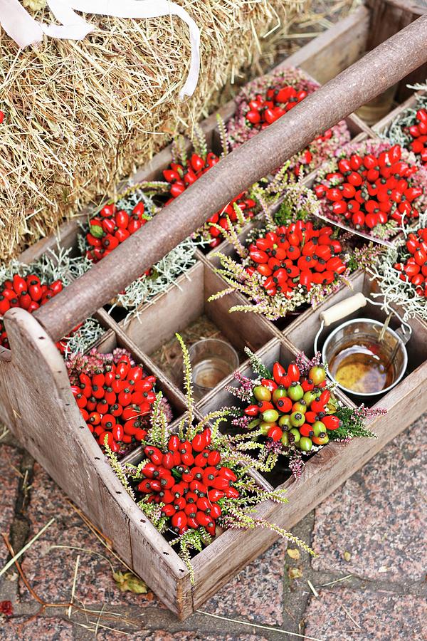 Posies Of Rosehips And Heather In Wooden Crate Photograph by Alexandra Panella