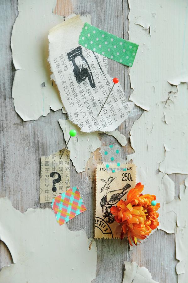 Postage Stamps, Everlasting Flower, Printed Oriental Paper And Washi Tape Decorating Wooden Wall With Extremely Weathered Paint Photograph by Revier 51